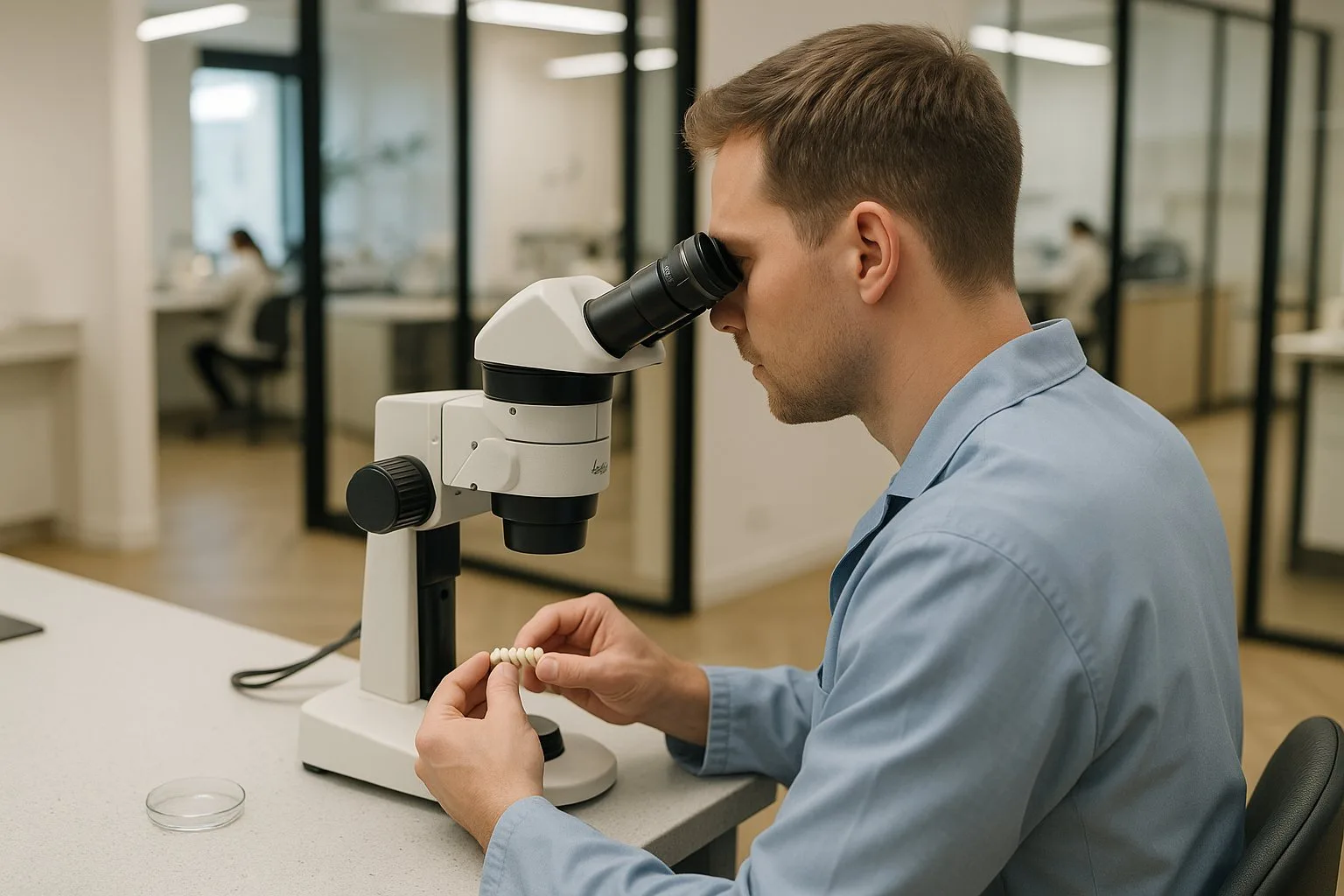 Zahntechnikerin prüft eine Vollkeramikbrücke unter dem Stereomikroskop